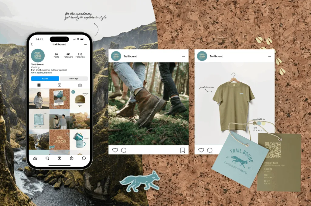 Overzicht van visuele uitingen en branding Trail Bound